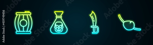 Set line Gun powder barrel, Pirate coin, sword and eye patch. Glowing neon icon. Vector
