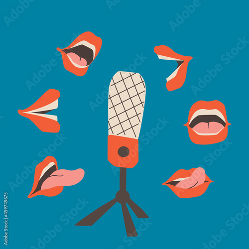 Podcast cover with blue background. Studio microphone on a stand and open speaking mouths around. Vector retro flat illustration EPS 10