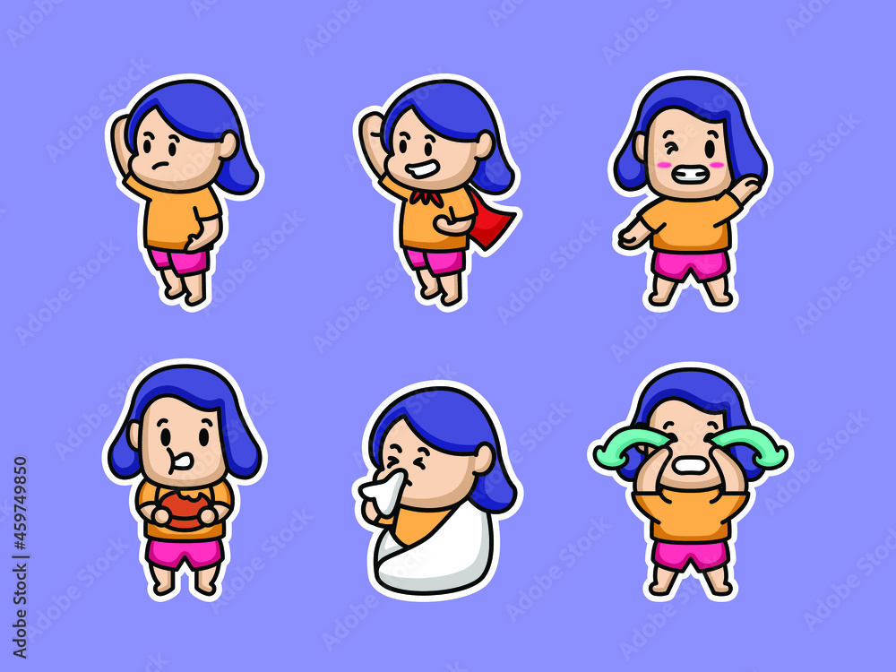 Set of cute little girl sticker mascot design Set of cute little girl sticker mascot design