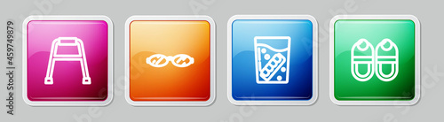 Set line Walker, Eyeglasses, False jaw in and Slippers. Colorful square button. Vector