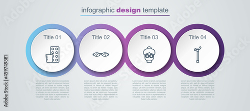 Set line Pills in blister pack, Eyeglasses, Grandmother and Walking stick cane. Business infographic template. Vector