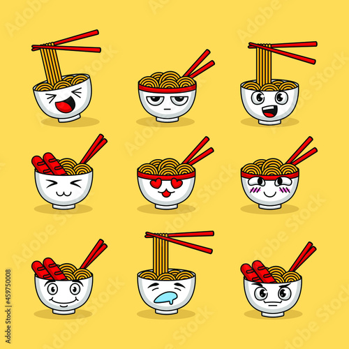 Set of cute noodles ramen with various expression