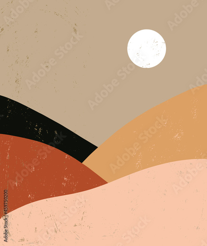 Grunge Hand Drawn Mountains View Print with Brown Sky and Sun. Abstract Modern Mountainside Vector Illustration ideal for Wall Art, Poster, Card. Landscape With Fields and Hills. The Wilds.