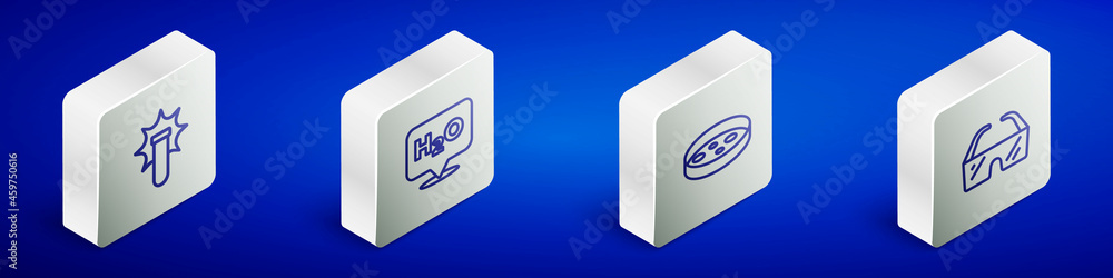 Set Isometric line Chemical explosion, formula for H2O, Petri dish with bacteria and Safety goggle glasses icon. Vector Set Isometric line Chemical explosion, formula for H2O, Petri dish with bacteria and Safety goggle glasses icon. Vector