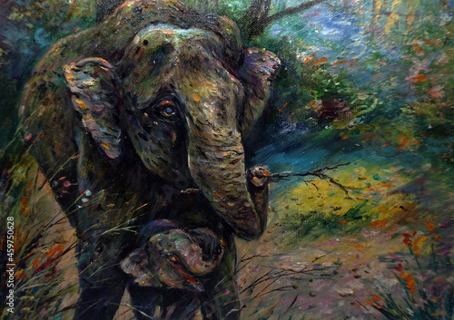 Art painting Oil color Elephant family thailand , Safari , zoo