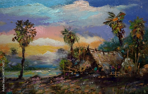 Art painting Oil color Hut northeast Thailand Countryside