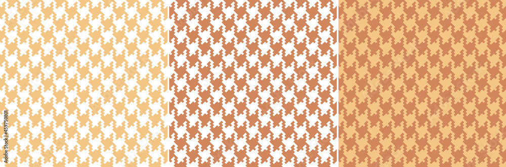 Dog tooth check pattern set in orange, soft yellow, white. Seamless spring autumn houndstooth background for scarf, skirt, dress, other modern fashion fabric design. Pixel goose foot print.
