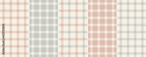 Plaid pattern set for spring autumn winter in grey, beige, pink. Seamless neutral muted tattersall vector for handkerchief, scarf, jacket, dress, blanket, other modern fashion textile print.