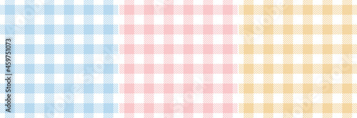 Gingham check pattern set for spring summer in pastel blue, pink, yellow, white for Easter designs. Seamless herringbone vichy tartan check plaid for dress, gift paper, other modern textile prints.