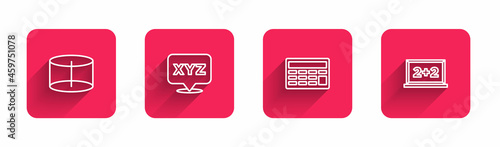 Set line Geometric figure Cylinder, XYZ Coordinate system, Calculator and Chalkboard with long shadow. Red square button. Vector