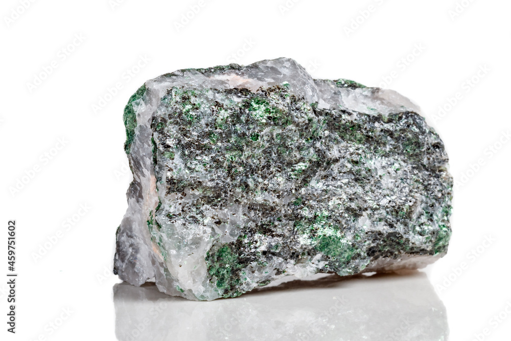 Macro mineral stone Fuchsite on a white background Macro mineral stone Fuchsite on a white background