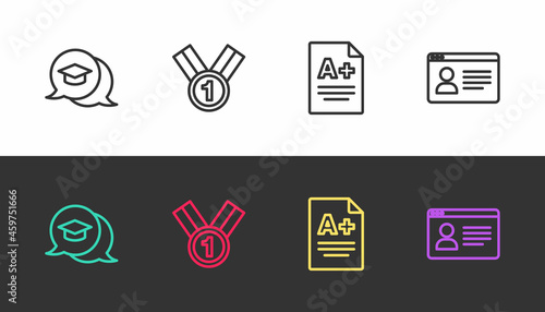 Set line Graduation cap in speech bubble, Medal, Exam sheet with A plus grade and Online class on black and white. Vector