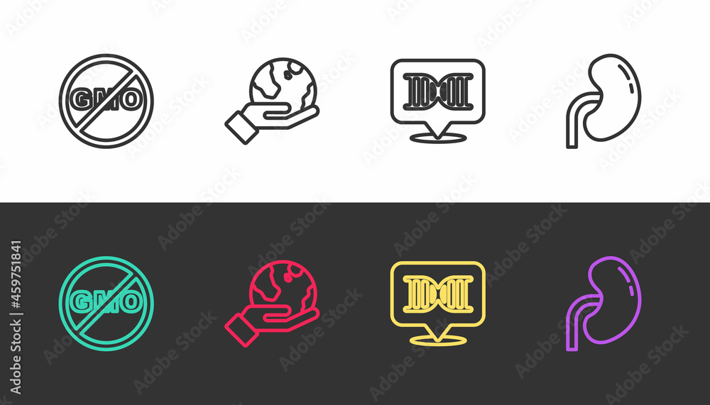 Set line No GMO, Hand holding Earth globe, DNA symbol and Human kidney on black and white. Vector Set line No GMO, Hand holding Earth globe, DNA symbol and Human kidney on black and white. Vector