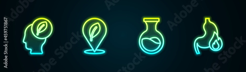Set line Human head with leaf inside, Location, Test tube and flask and Stomach heartburn. Glowing neon icon. Vector