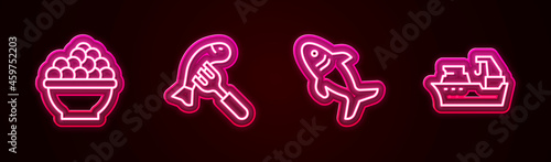 Set line Caviar, Served fish on plate, Shark and Fishing boat. Glowing neon icon. Vector