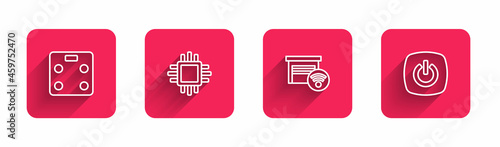 Set line Smart bathroom scales, Processor with CPU, garage and home with long shadow. Red square button. Vector