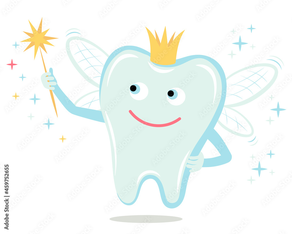 Vector character in a flat style. Tooth in the form tooth fairy with wings. In the crown and in the hand is a magic wand with a star.