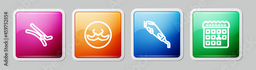 Set line Hair clip, Mustache, Electrical hair clipper and Calendar with haircut day. Colorful square button. Vector