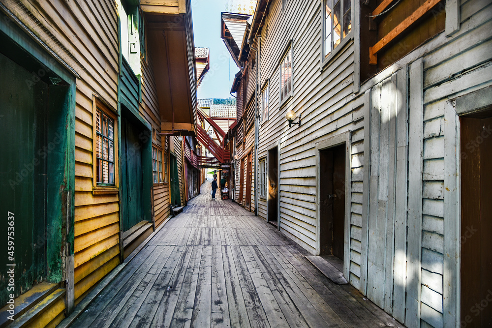 typical wooden buildings in Bryggen district in Bergen, a beautiful city in Norway