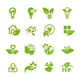 A collection of environmental symbols with leaves, an emblem of ecology, organic, natural products, a healthy lifestyle, environmental protection.