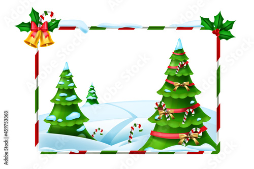 Fototapeta Naklejka Na Ścianę i Meble -  Christmas holiday vector frame, New Year winter background, forest view, decorated x-mas tree. Celebration festive framework, snowdrift, candy cane, golden bell. Christmas striped cartoon frame