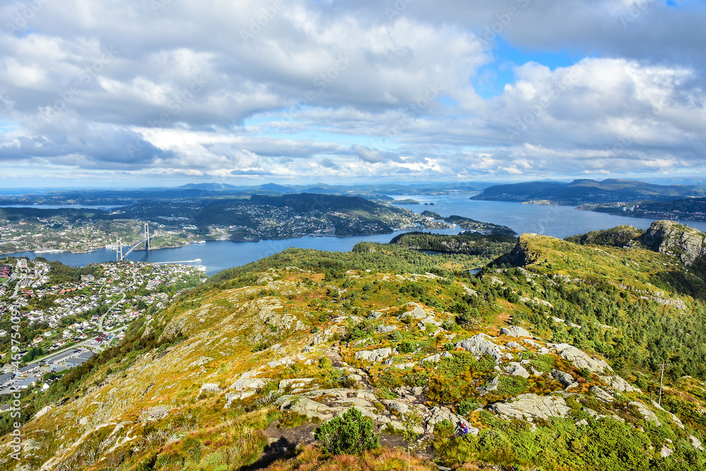 fjord and town, view from the top of Lyderhorn in Norway