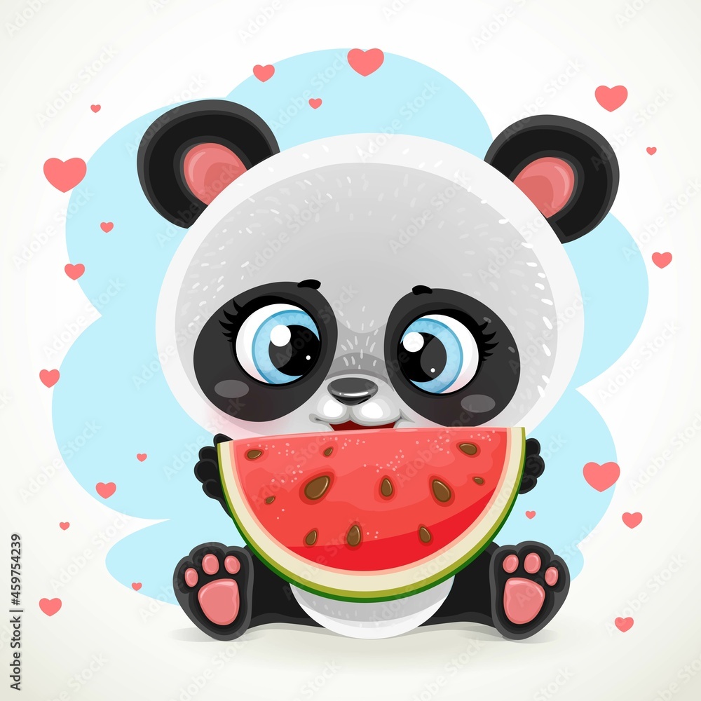 Cute cartoon baby panda sitting on the floor and eating watermelon isolated  on white background Stock Vector | Adobe Stock