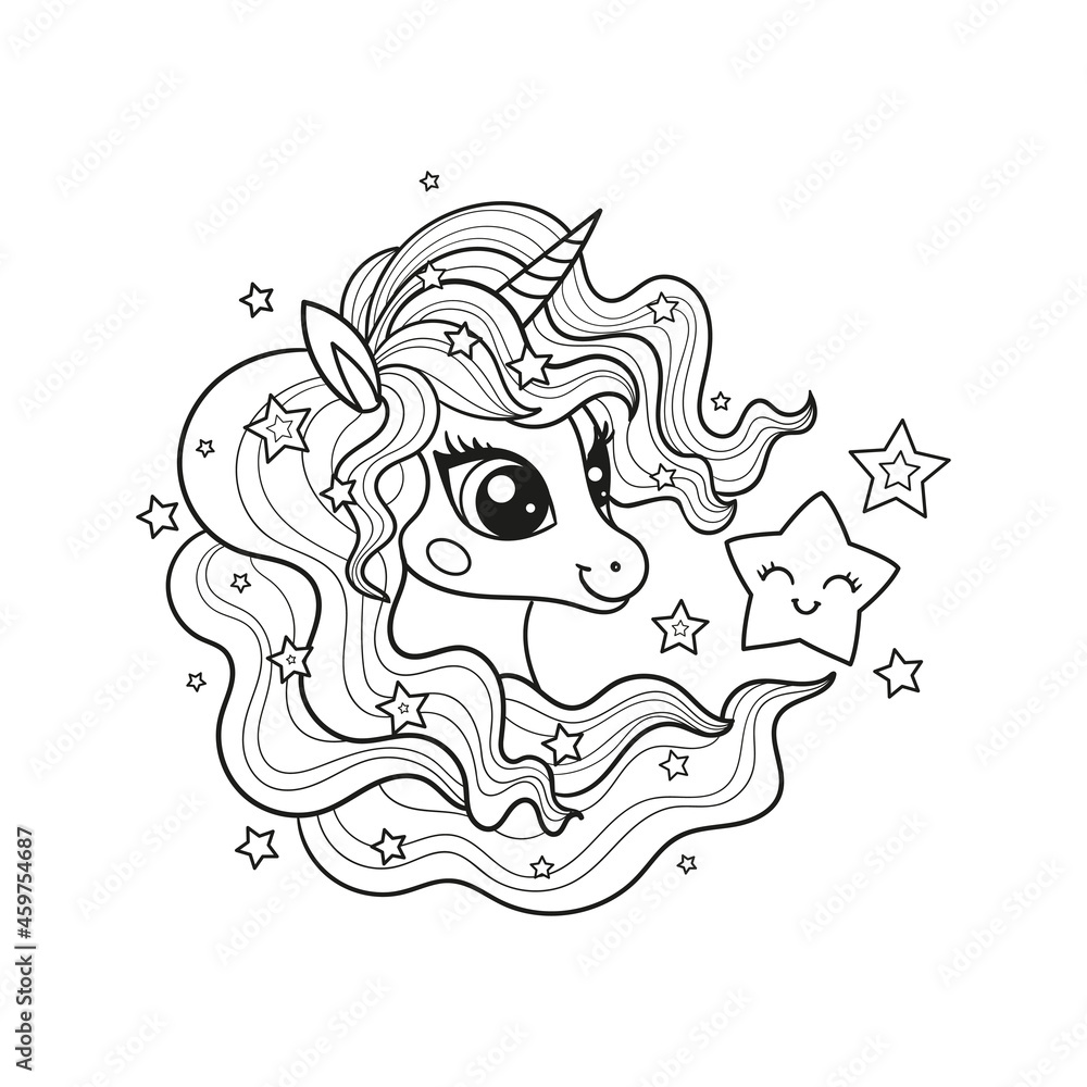 The head of a unicorn with a long mane. Black and white linear drawing. Vector