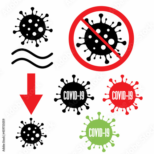 Viral particle of coronavirus and its second wave. Contagious contagion and infectious infection. Statistics of epidemic, pandemic and outbreak. Vector illustration.Badges.