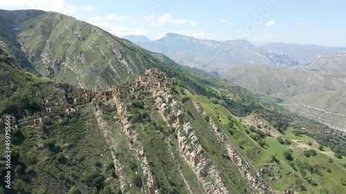 abandoned village high in the Gamsutl mountains in Dagestan filmed on a drone