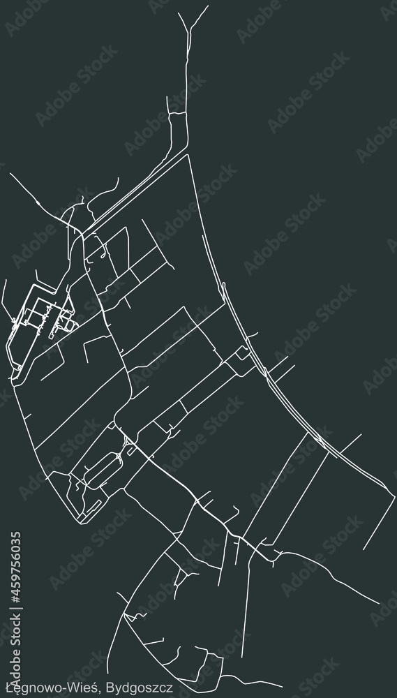 Detailed negative navigation urban street roads map on dark gray background of the quarter Łęgnowo Wieś district of the Polish regional capital city of Bydgoszcz, Poland