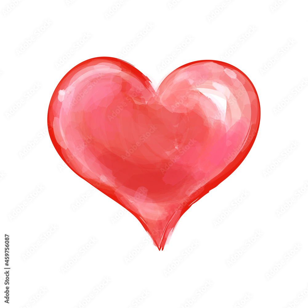 Vector Red heart in Watercolour Style isolated on white background in doodle style. Sketch of Love Sign. Romantic Element. Vector Illustration for Your Design.
