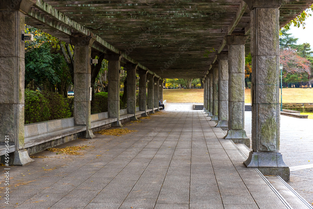 Granite arcade in the park of the Japanese city of Beppu