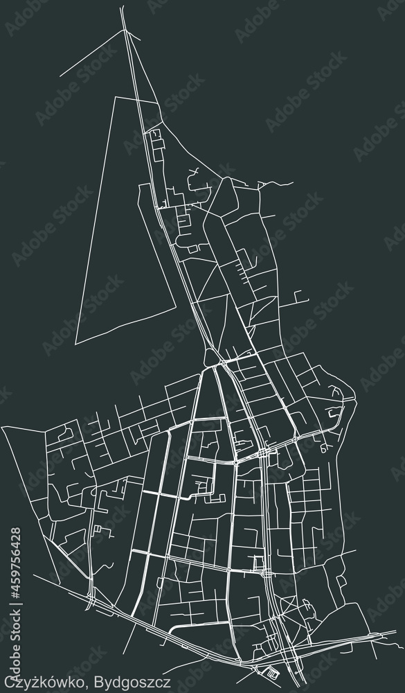 Detailed negative navigation urban street roads map on dark gray background of the quarter Czyżkówko district of the Polish regional capital city of Bydgoszcz, Poland
