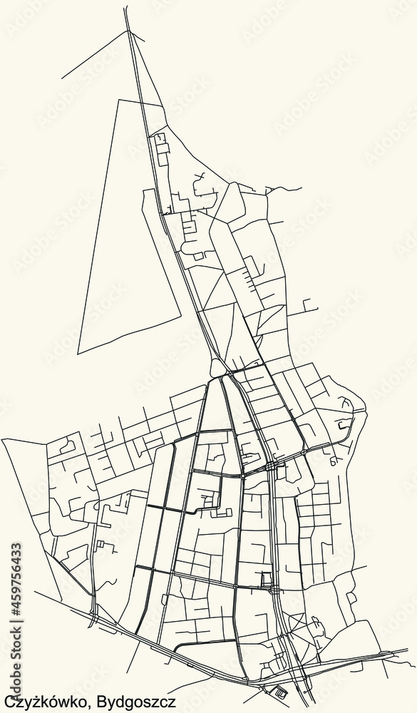 Detailed navigation urban street roads map on vintage beige background of the quarter Czyżkówko district of the Polish regional capital city of Bydgoszcz, Poland