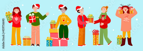 Group of young happy people holding Christmas gift boxes on white background. Friends wish each other merry Сhristmas and give gifts. Vector illustration in flat cartoon style.
