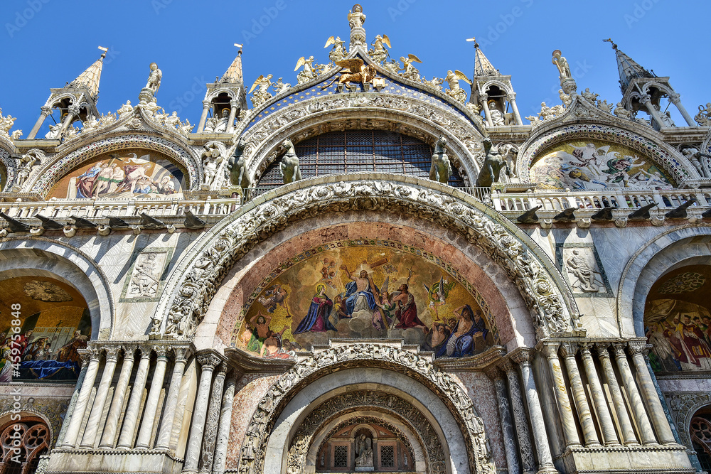 The beautiful facade of St. Mark's (Basilica di San Marco) in Venice, Italy 