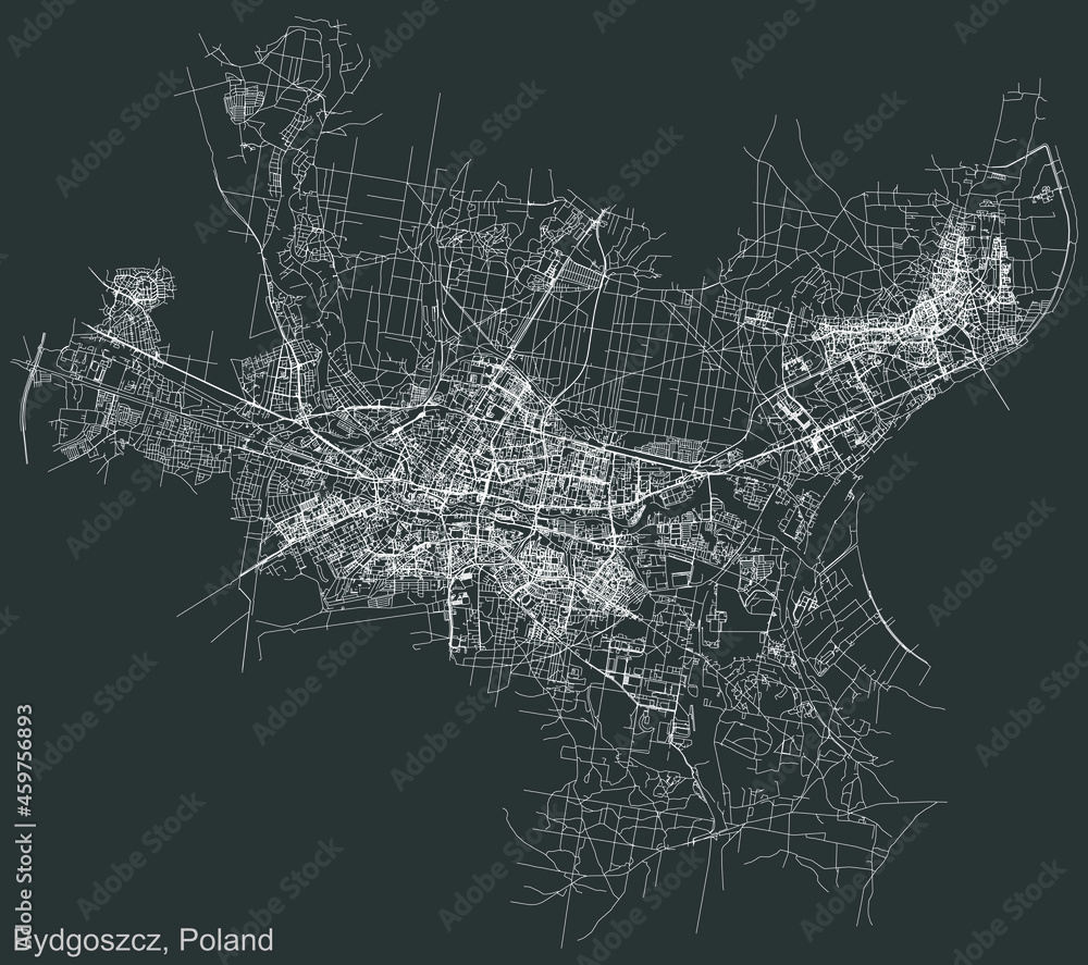 Detailed negative navigation urban street roads map on dark gray background of the Polish regional capital city of Bydgoszcz, Poland
