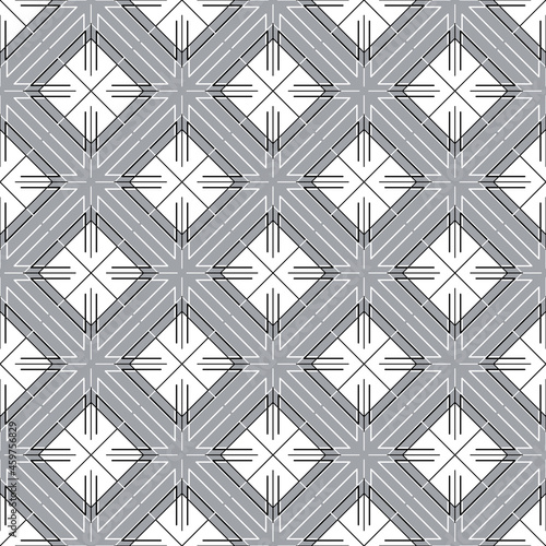 Seamless abstract vector background. Monochrome pattern of squares  white and black curly lines on a gray background.