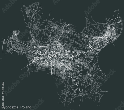 Detailed negative navigation urban street roads map on dark gray background of the Polish regional capital city of Bydgoszcz, Poland