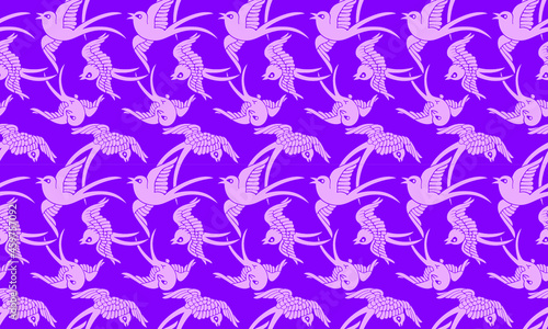 Seamless pattern with birds on pink background. Swifts. Swatch is included. 