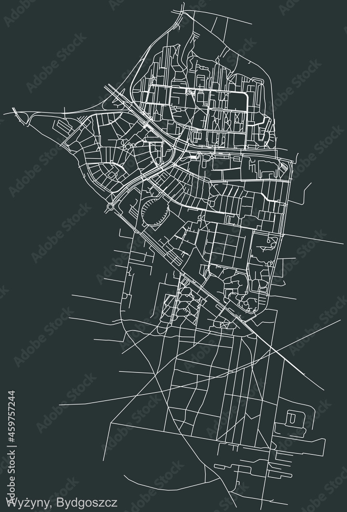 Detailed negative navigation urban street roads map on dark gray background of the quarter Wyżyny district of the Polish regional capital city of Bydgoszcz, Poland