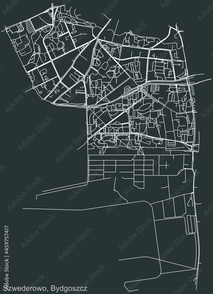 Detailed negative navigation urban street roads map on dark gray background of the quarter Szwederowo district of the Polish regional capital city of Bydgoszcz, Poland