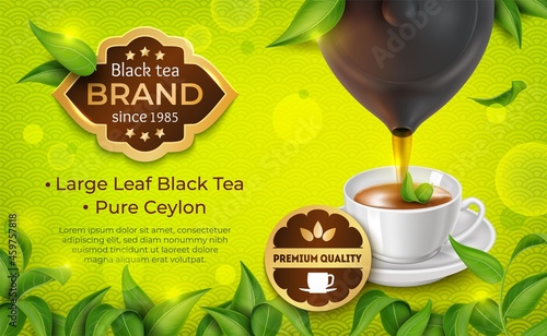 Realistic Detailed 3d Large Leaf Black Tea Pure Ceylon Ads Banner Concept Poster Card. Vector illustration of Brown Ceramic Teapot and White Cup