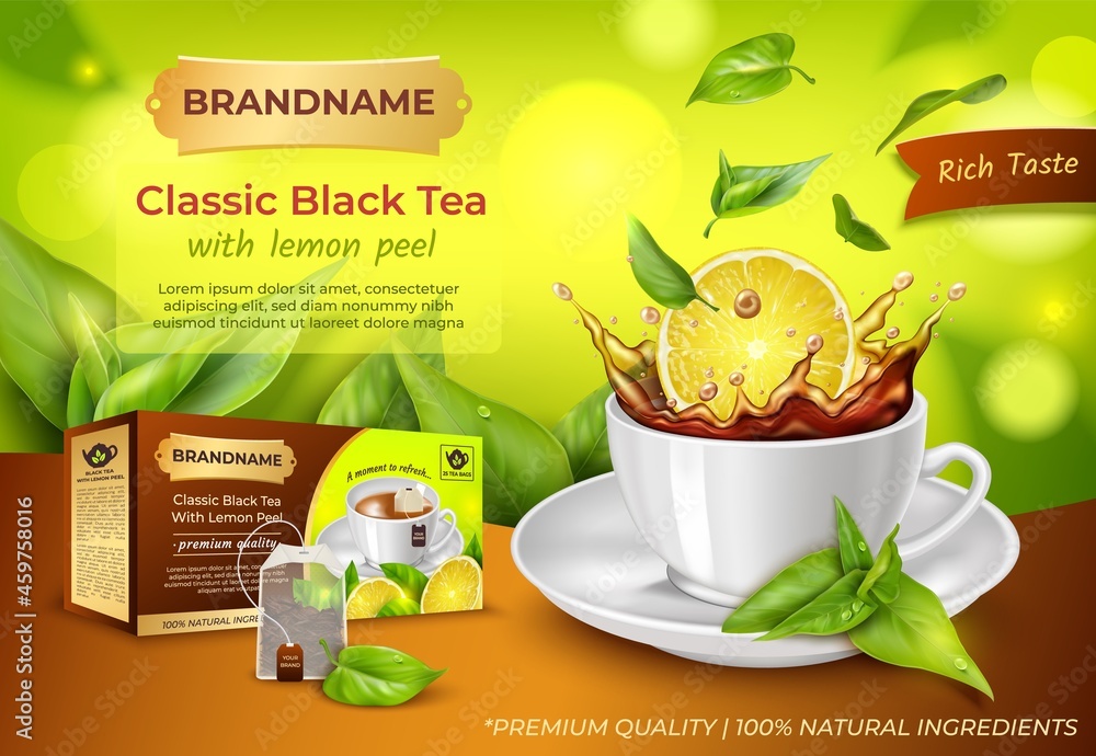 Realistic Detailed 3d Classic Black Tea with Lemon Peel Ads Banner