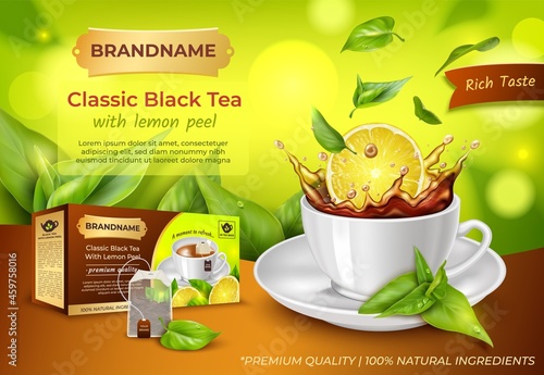 Realistic Detailed 3d Classic Black Tea with Lemon Peel Ads Banner Concept Poster Card. Vector illustration