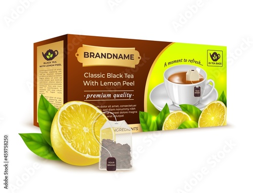 Realistic Detailed 3d Classic Black Tea with Lemon Peel Concept Fresh Half Lemon and Tea Bag. Vector illustration