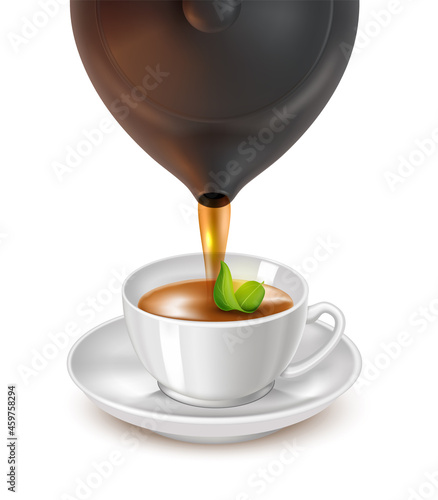 Realistic Detailed 3d Brown Ceramic Teapot and White Cup on Saucer Tea Flow Effect . Vector illustration