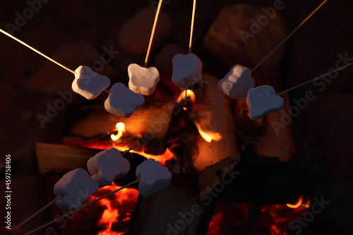 Delicious marshmallows roasting over bonfire outdoors at night, closeup. Camping season