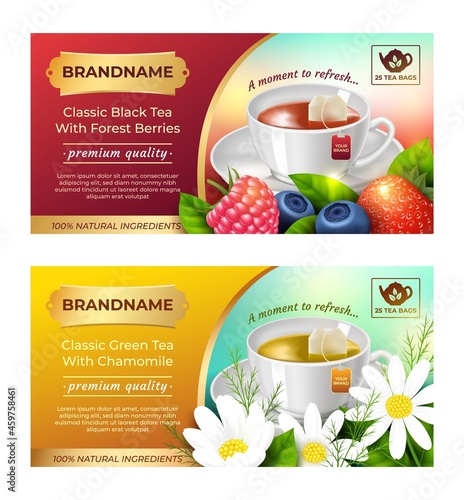 Realistic Detailed 3d Tea Packaging Design Set Tea with Forest Berries and Green with Camomile. Vector illustration